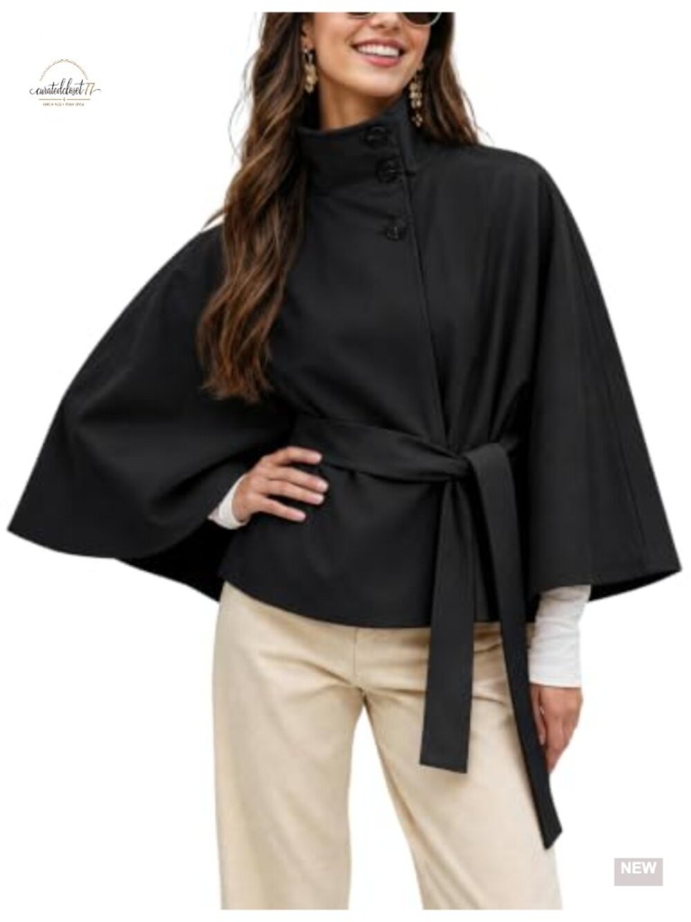 Womens Cape Trench Jacket Funnel Neck Belted Short Coat
